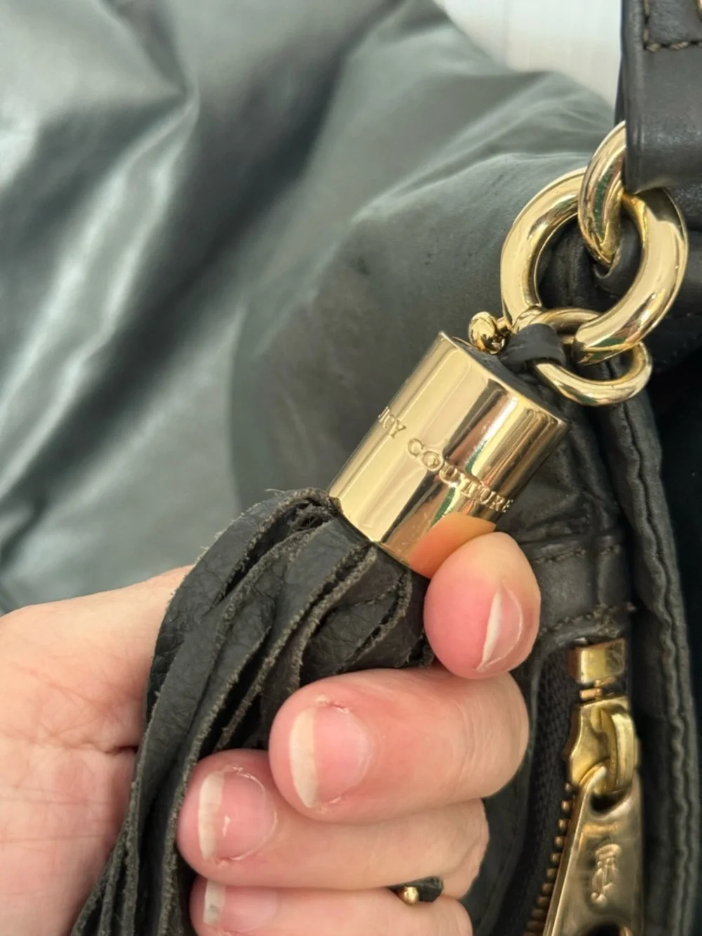 Juicy Couture Dark Olive Green Slouchy Hobo Bag Gold Crest Tassel Y2K Boho